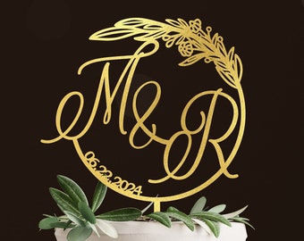 Initial Cake Topper, Wedding Cake Topper, Personalized Cake Topper, Custom Cake Topper, Monogram Cake Topper, Wreath Cake Topper, Gold