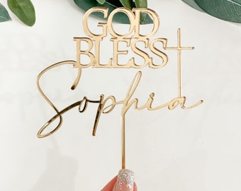 Custom Cake Topper, Baptism Cake Topper, God Bless Cake Topper, Acrylic Cake Charm, Cross Cake Topper, Wood Cake Topper, Cake Décor, Gold