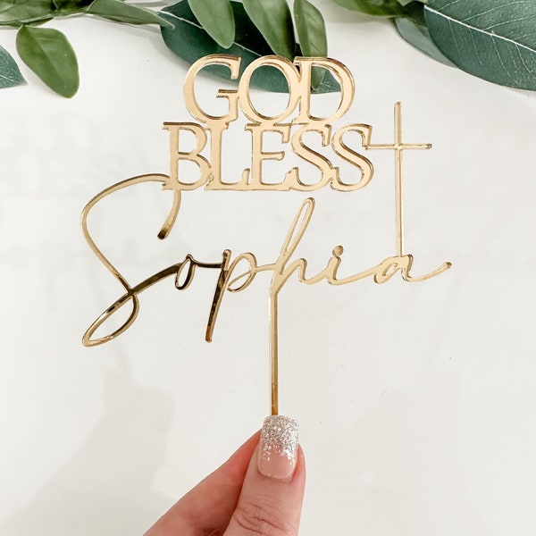 Custom Cake Topper, Baptism Cake Topper, God Bless Cake Topper, Acrylic Cake Charm, Cross Cake Topper, Wood Cake Topper, Cake Décor, Gold