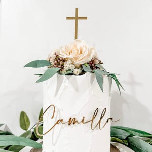 Name and Cross Cake Topper, Custom Cake Topper, Baptism Cake Topper, God Bless Cake Topper, Acrylic Cake Charm, Cross Cake Topper, Gold image 2