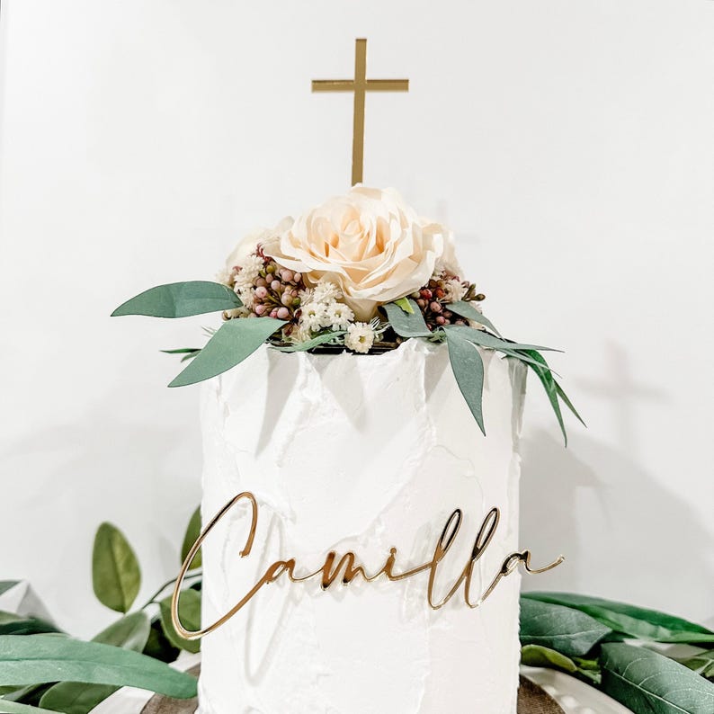 Name and Cross Cake Topper, Custom Cake Topper, Baptism Cake Topper, God Bless Cake Topper, Acrylic Cake Charm, Cross Cake Topper, Gold image 2