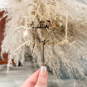 Custom Cake Topper, Baptism Cake Topper, God Bless Cake Topper, Acrylic Cake Charm, Cross Cake Topper, Wood Cake Topper, Cake Décor, Gold image 4