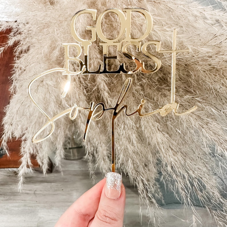 Custom Cake Topper, Baptism Cake Topper, God Bless Cake Topper, Acrylic Cake Charm, Cross Cake Topper, Wood Cake Topper, Cake Décor, Gold image 4