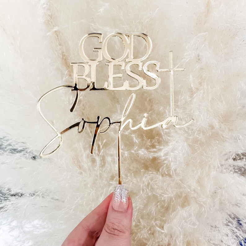Custom Cake Topper, Baptism Cake Topper, God Bless Cake Topper, Acrylic Cake Charm, Cross Cake Topper, Wood Cake Topper, Cake Décor, Gold image 3
