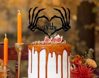 Till Death Cake Topper, Custom Cake Topper, Halloween Wedding, Skeleton Cake Topper, Fall Autumn Cake Topper, Goth Wedding, Skeleton Heart