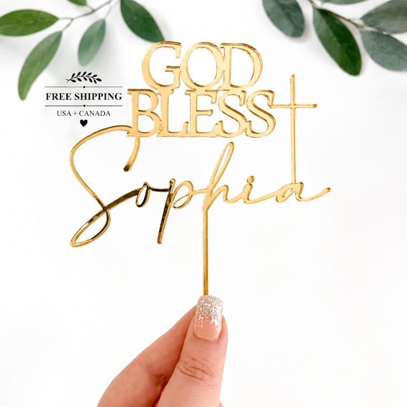 Custom Cake Topper, Baptism Cake Topper, God Bless Cake Topper, Acrylic Cake Charm, Cross Cake Topper, Wood Cake Topper, Cake Décor, Gold