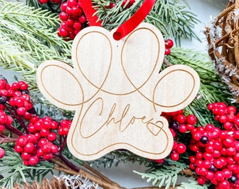 Personalized Pet Ornament, Paw Print Ornament, Pet Memorial, Custom Pet Name, Wood Tree Ornament, Engraved Ornament, Dog Cat Ornament