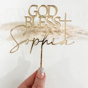 Custom Cake Topper, Baptism Cake Topper, God Bless Cake Topper, Acrylic Cake Charm, Cross Cake Topper, Wood Cake Topper, Cake Décor, Gold image 2