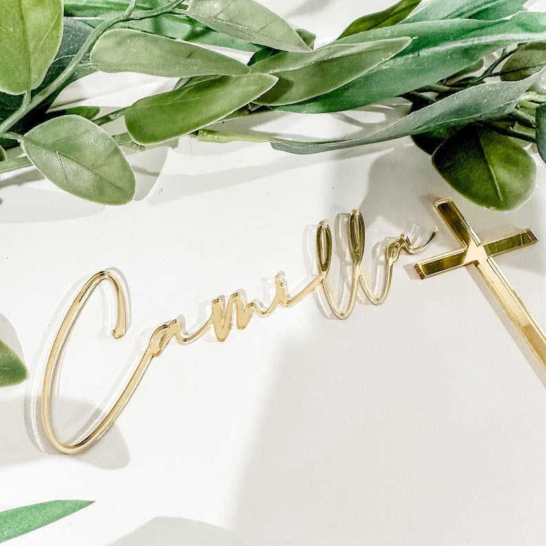 Name and Cross Cake Topper, Custom Cake Topper, Baptism Cake Topper, God Bless Cake Topper, Acrylic Cake Charm, Cross Cake Topper, Gold image 1