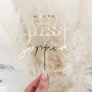 Custom Cake Topper, Baptism Cake Topper, God Bless Cake Topper, Acrylic Cake Charm, Cross Cake Topper, Wood Cake Topper, Cake Décor, Gold image 5