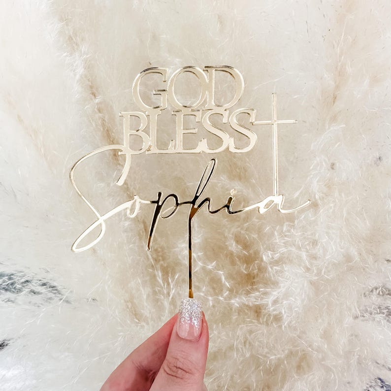 Custom Cake Topper, Baptism Cake Topper, God Bless Cake Topper, Acrylic Cake Charm, Cross Cake Topper, Wood Cake Topper, Cake Décor, Gold image 5
