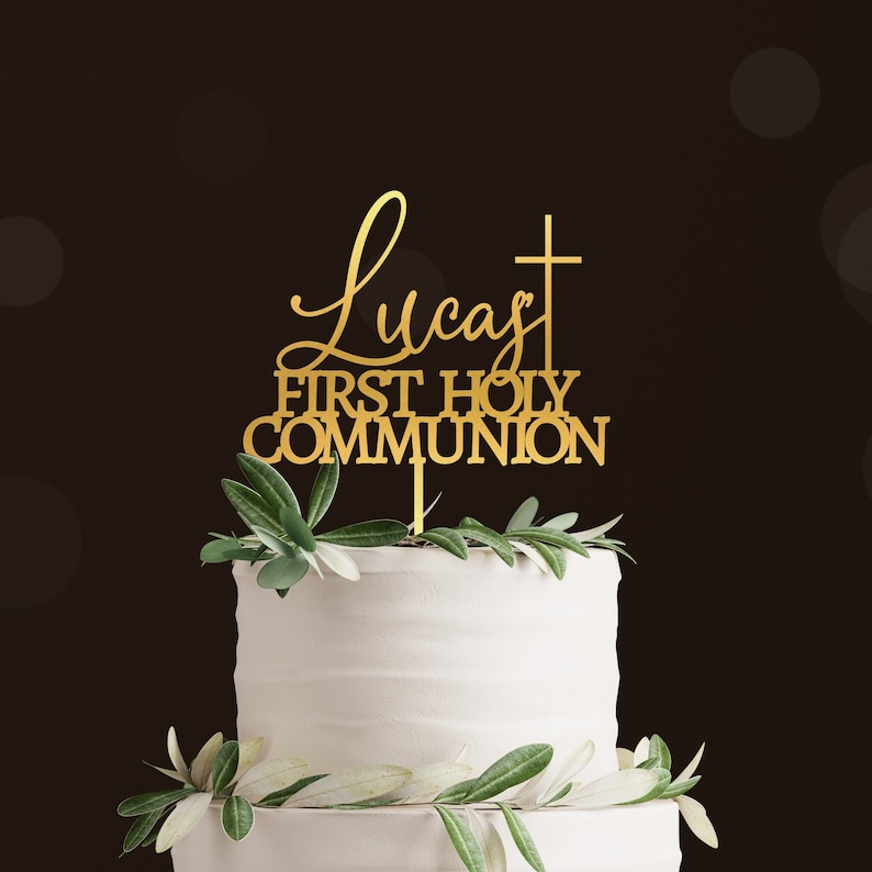 Décoration de gâteau première communion, décoration de gâteau de baptême, baptême personnalisé, que Dieu vous bénisse, décoration de gâteau, première communion, croix de gâteau, or image 1