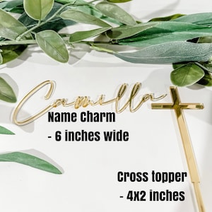 Name and Cross Cake Topper, Custom Cake Topper, Baptism Cake Topper, God Bless Cake Topper, Acrylic Cake Charm, Cross Cake Topper, Gold image 4