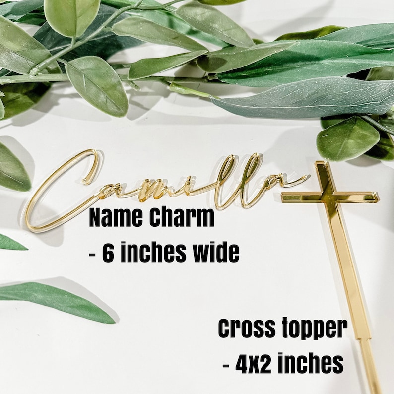 Name and Cross Cake Topper, Custom Cake Topper, Baptism Cake Topper, God Bless Cake Topper, Acrylic Cake Charm, Cross Cake Topper, Gold image 4