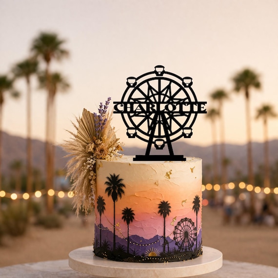 Ferris Wheel Topper, Coachella Cake Topper, Carnival Cake Topper, Name Cake Topper, Birthday Cake Topper, Gold Topper, Personalized Topper
