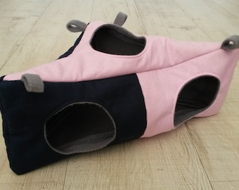 Corner house for rats, sugar gliders, ferrets, corner hammock, corner hut, rat hammock, navy blue and pink cotton, grey fleece