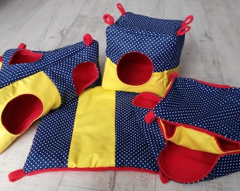 Rat hammock, hammocks for pets, ratatoulile, set for rats, sugar gliders, small pets: honeycomb, cube, corner hut, hammock, blue and yellow