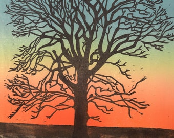 Lino Print - Oak Tree sunset