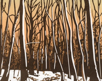 Postcard - Evening sun and snow lino cut