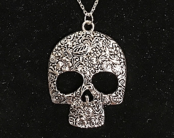 Silver, Skull, Day of the Dead Inspired, Pendant, Necklace
