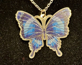 Grande, Or rose, Bleu, Papillon, Pendentif, Collier