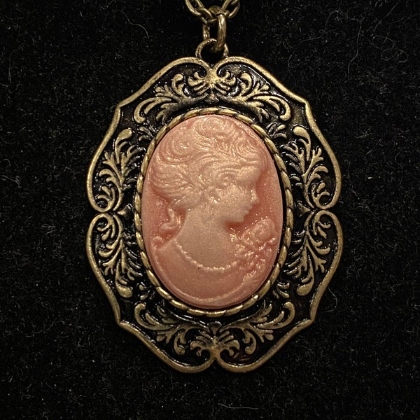 Antique Bronze, Pink, Cameo, Pendant, Necklace