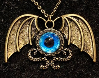Steampunk, Eyeball, Bat Wing, Serpent, Antique Bronze, Pendant, Necklace