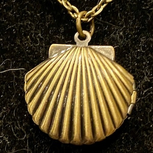 May include: A gold-toned seashell pendant necklace with a detailed, ribbed design. The pendant is a locket that opens.