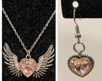 Pink Rhinestone, Heart, Heart With Wings, Earrings, Jewelry Set