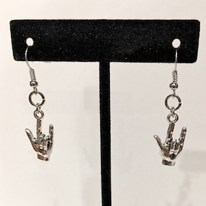 I love you, sign language, silver, hand, dangle earrings