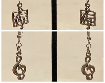 Silver, Treble Clef, Dangle, Earrings