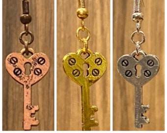 Argento, oro, rame, bronzo, cuore, chiave, pendente, orecchini