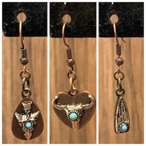 Copper, Arrowhead, Bull Skull, Cactus, Turquoise, Dangle, Earrings