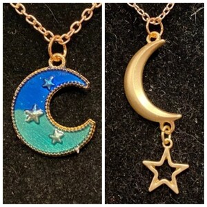 Rose Gold, Crescent Moon, Blue, Green, Stars, Pendant, Necklace