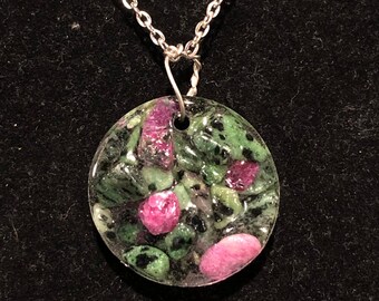 Ruby in zoisite stone, epoxy, resin, circle, pendant, necklace