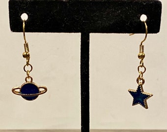 Gold, Planet, Star, Mismatched, Dangle, Earrings