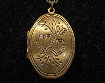 Bronze Antique, Ovale, Double Coeur, Médaillon, Collier