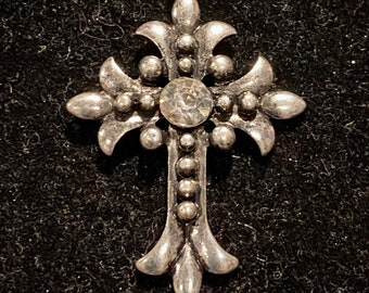Large, Silver, Rhinestone, Fancy, Cross, Pendant, Necklace
