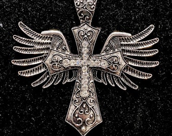 Silver, Cross With Wings, Rhinestones, Fancy, Cross, Necklace