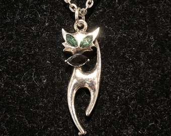 Silver, Cat, Green Eyes, Pendant, Necklace