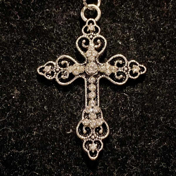 Silver, Rhinestone, Cross, Pendant, Necklace