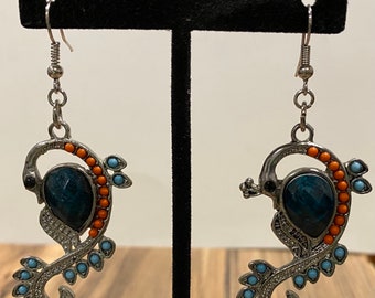 Paon, Argent, Turquoise, Strass, Dangle, Boucles d'oreilles