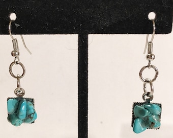 Turquoise, silver, square earrings