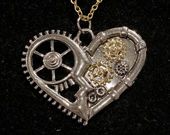 Steampunk, Serce, Złoto, Srebro, Wisiorek, Naszyjnik