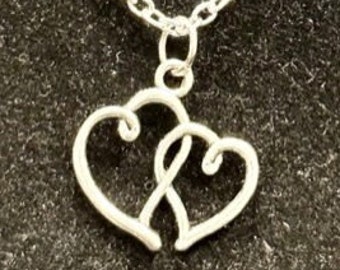 Silver, Double Heart, Pendant, Necklace