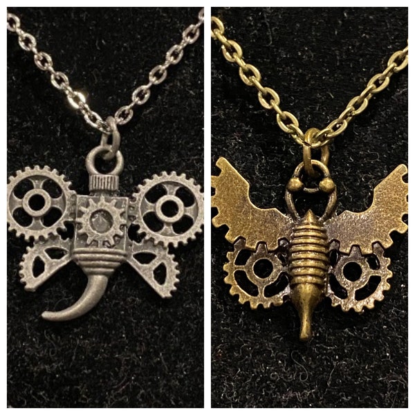 Steampunk, Bugs, Antique Bronze, Silver, Butterfly, Dragonfly, Insect, Pendant, Necklace