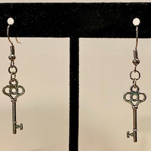 Silver, or antique bronze, skeleton key, dangle, earrings