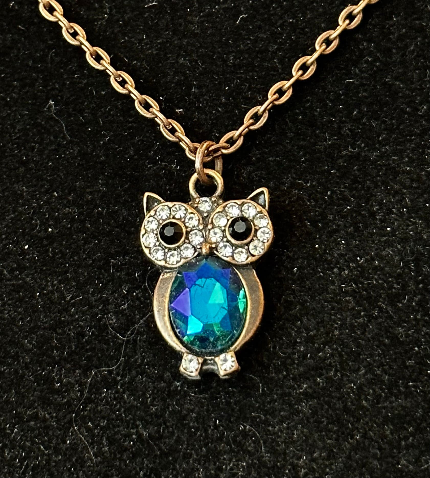 Joli Pendentif Couple De Hiboux En Bronze Avec Strass Blancs - Chaîne Sautoir 70 Cm - Idée Cadeau Tendre