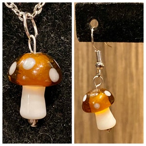 Brown, White, Mushroom, Toadstool, Necklace, Earrings, Jewelry Set