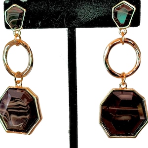 Gold, Brown, Agate, Octagon, Dangle, Earrings